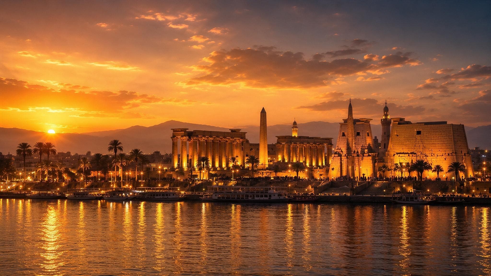 Panoramic view of the Nile River and Luxor Temple at golden hour