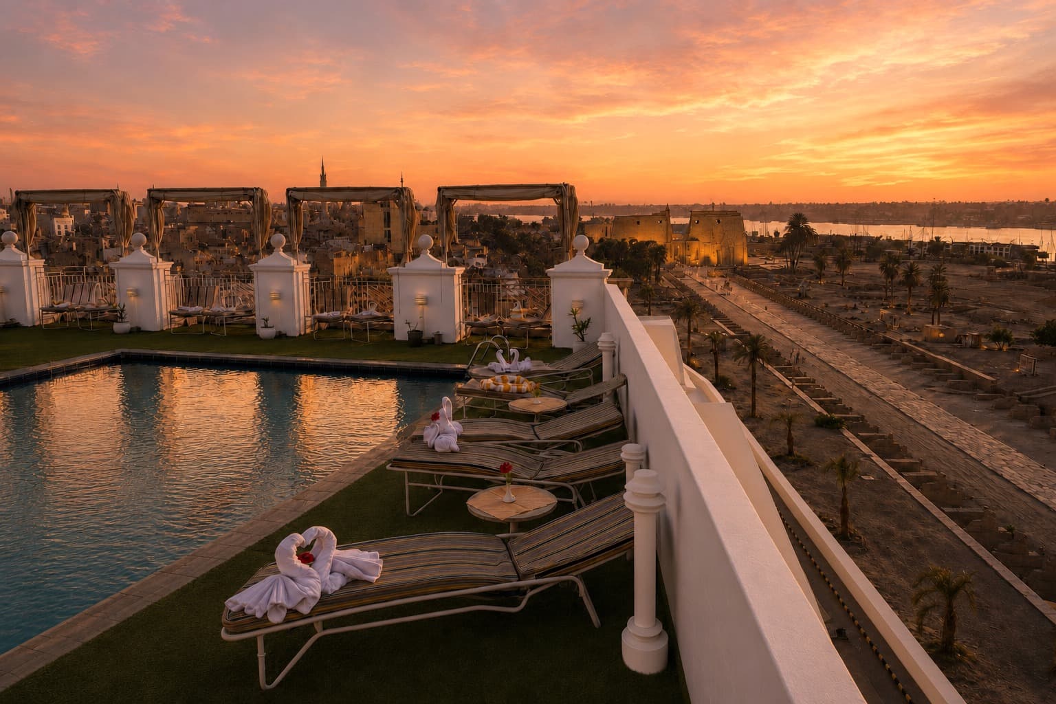 View of Luxor Temple, the Avenue of Sphinxes and the River Nile from the Emilio Hotel rooftop pool